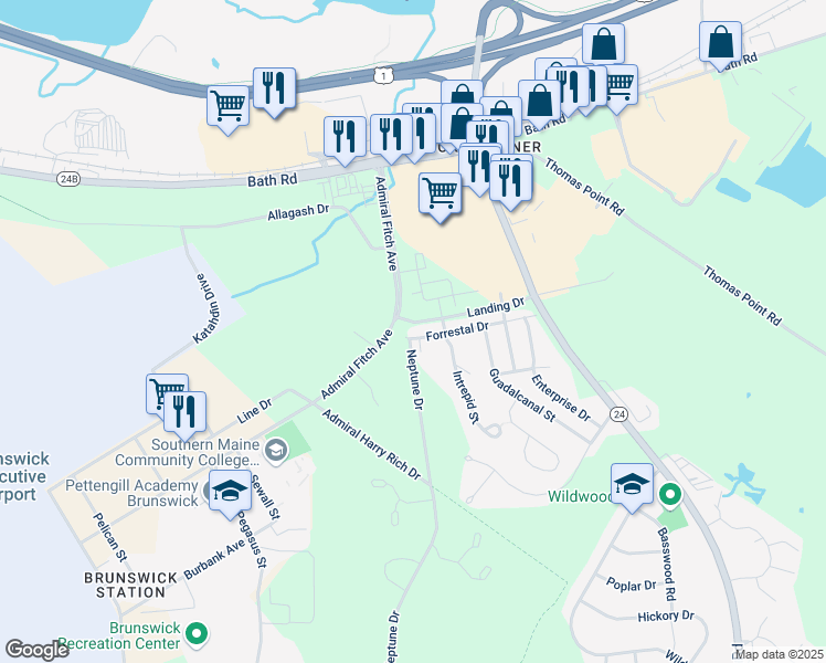map of restaurants, bars, coffee shops, grocery stores, and more near 62 Forrestal Drive in Brunswick