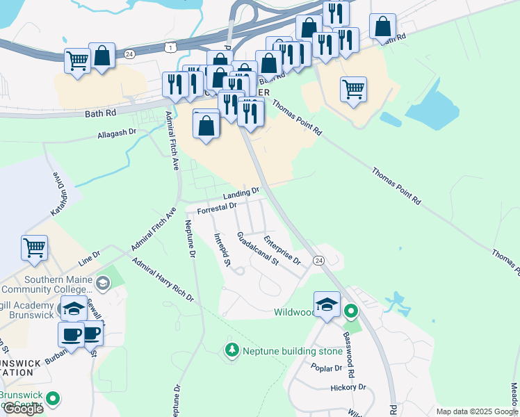 map of restaurants, bars, coffee shops, grocery stores, and more near 9 Enterprise Drive in Brunswick