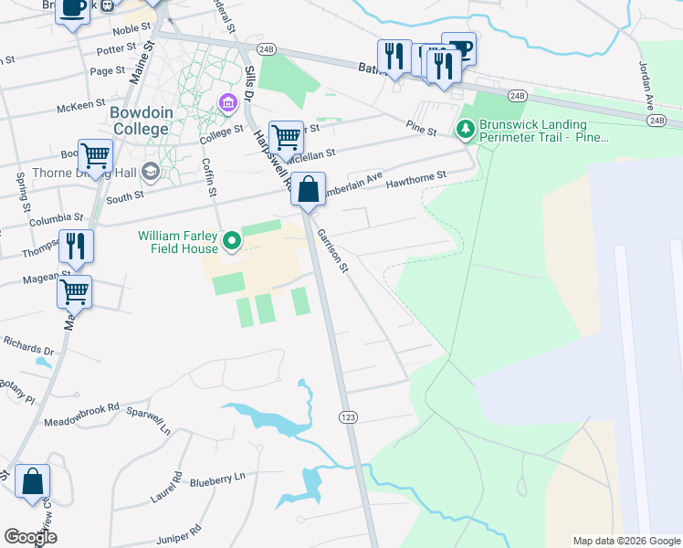 map of restaurants, bars, coffee shops, grocery stores, and more near 16 Garrison Street in Brunswick