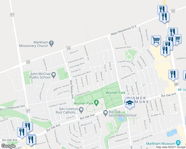 map of restaurants, bars, coffee shops, grocery stores, and more near 37 Greenspire Avenue in Markham