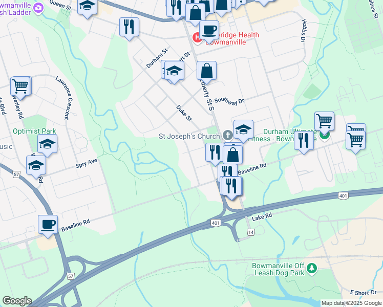map of restaurants, bars, coffee shops, grocery stores, and more near 7 Ann Street in Bowmanville
