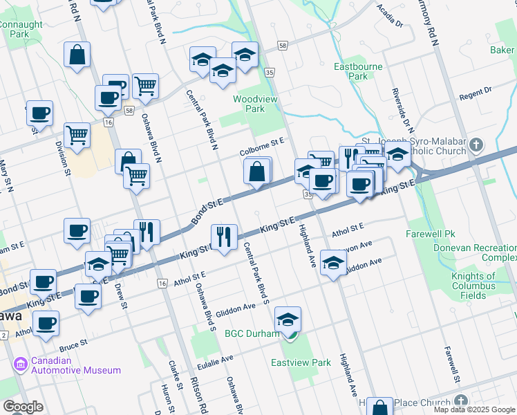 map of restaurants, bars, coffee shops, grocery stores, and more near 28 Lasalle Court in Oshawa