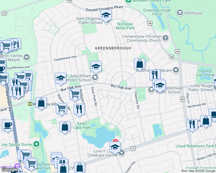 map of restaurants, bars, coffee shops, grocery stores, and more near 2179 Bur Oak Avenue in Markham