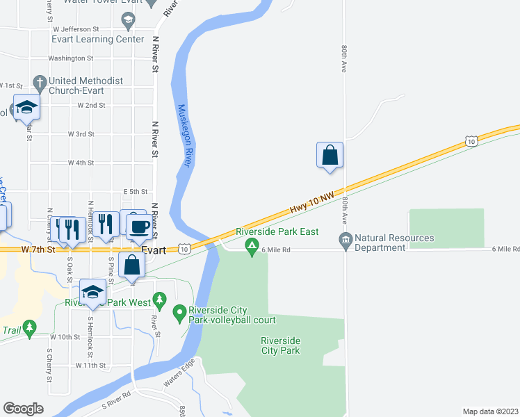 map of restaurants, bars, coffee shops, grocery stores, and more near in Evart