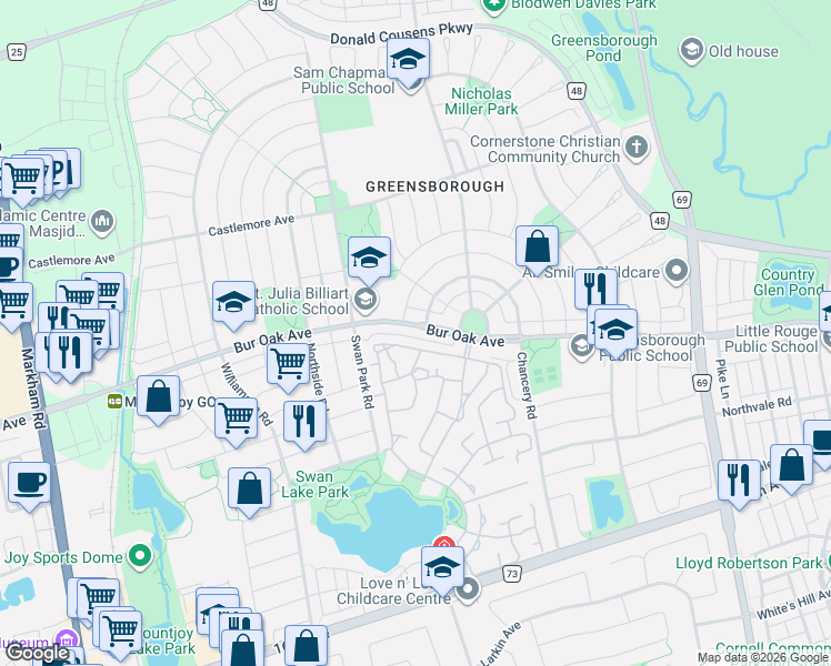 map of restaurants, bars, coffee shops, grocery stores, and more near 2179 Bur Oak Avenue in Markham