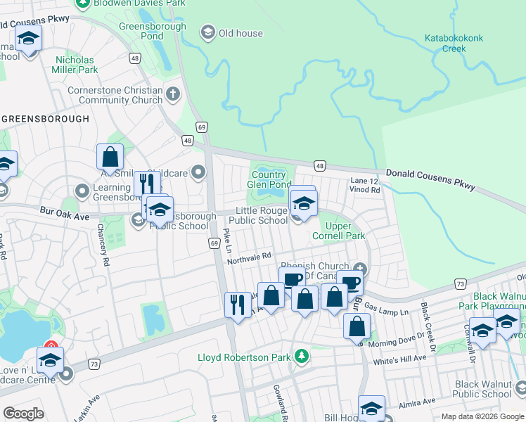 map of restaurants, bars, coffee shops, grocery stores, and more near 2491 Bur Oak Avenue in Markham