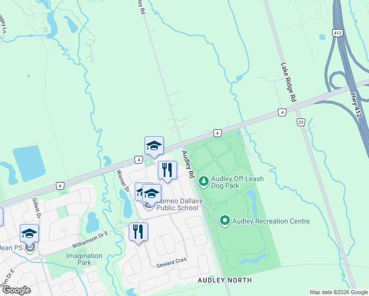 map of restaurants, bars, coffee shops, grocery stores, and more near 1999 Audley Road in Ajax