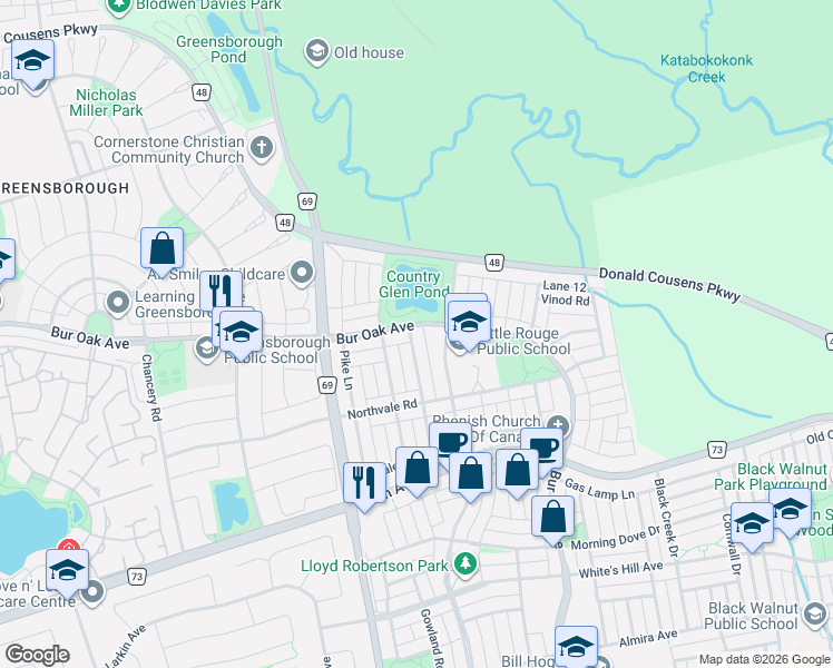 map of restaurants, bars, coffee shops, grocery stores, and more near 14 Evaridge Drive in Markham