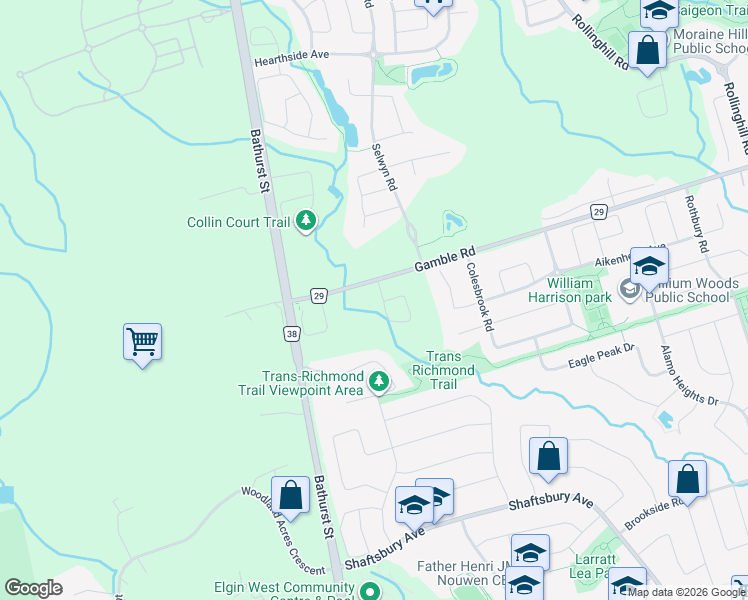map of restaurants, bars, coffee shops, grocery stores, and more near 19 Gamble Glen Crescent in Richmond Hill