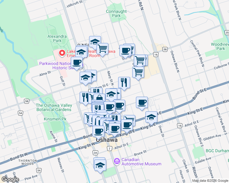 map of restaurants, bars, coffee shops, grocery stores, and more near Brock Street East in Oshawa