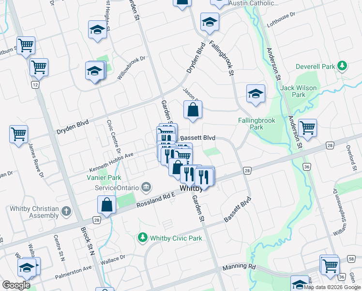 map of restaurants, bars, coffee shops, grocery stores, and more near 28 Melborne Court in Whitby