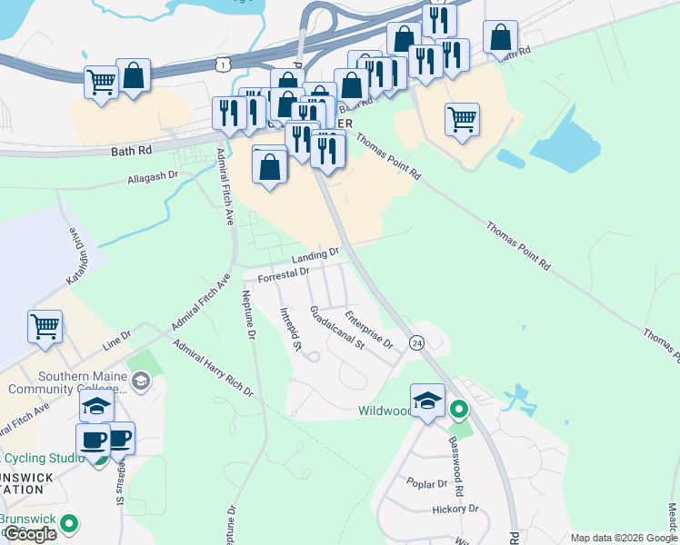 map of restaurants, bars, coffee shops, grocery stores, and more near 9 Enterprise Drive in Brunswick