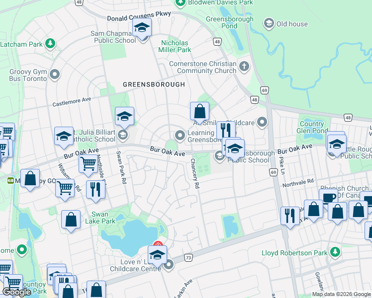 map of restaurants, bars, coffee shops, grocery stores, and more near in Markham