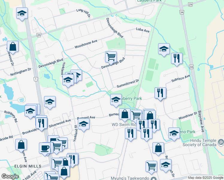 map of restaurants, bars, coffee shops, grocery stores, and more near 37 Summitcrest Drive in Richmond Hill