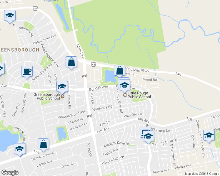 map of restaurants, bars, coffee shops, grocery stores, and more near 3 Evaridge Drive in Markham