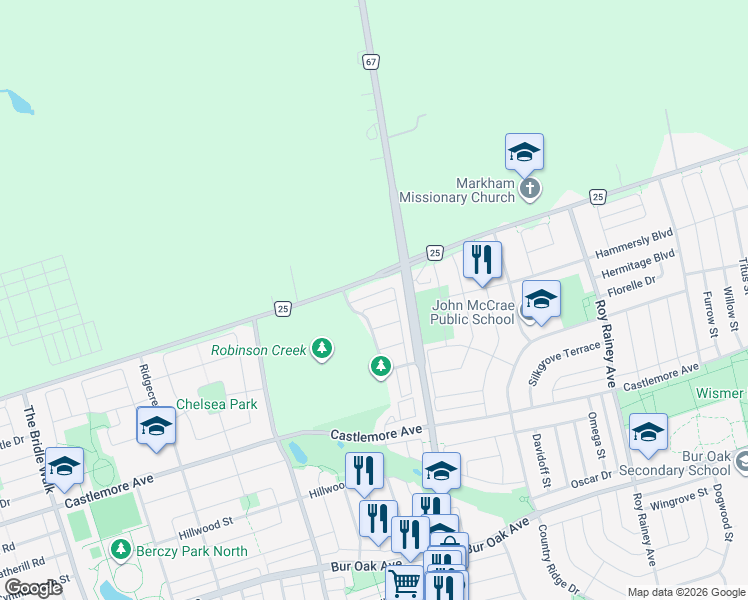 map of restaurants, bars, coffee shops, grocery stores, and more near 32 Truchard Avenue in Markham