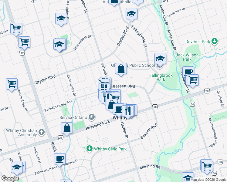 map of restaurants, bars, coffee shops, grocery stores, and more near 28 Melborne Court in Whitby
