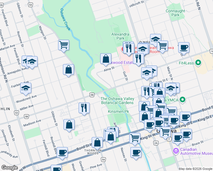 map of restaurants, bars, coffee shops, grocery stores, and more near 232 Kaiser Crescent in Oshawa