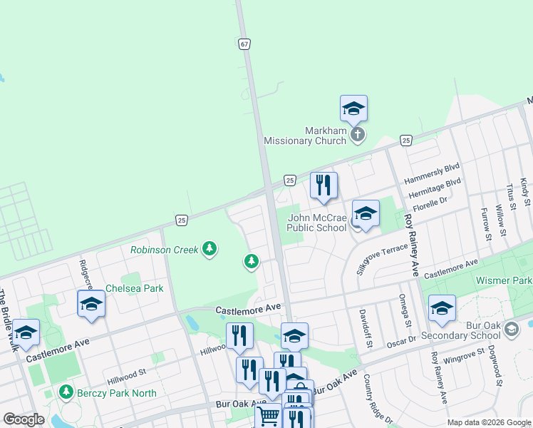 map of restaurants, bars, coffee shops, grocery stores, and more near 9996 McCowan Road in Markham