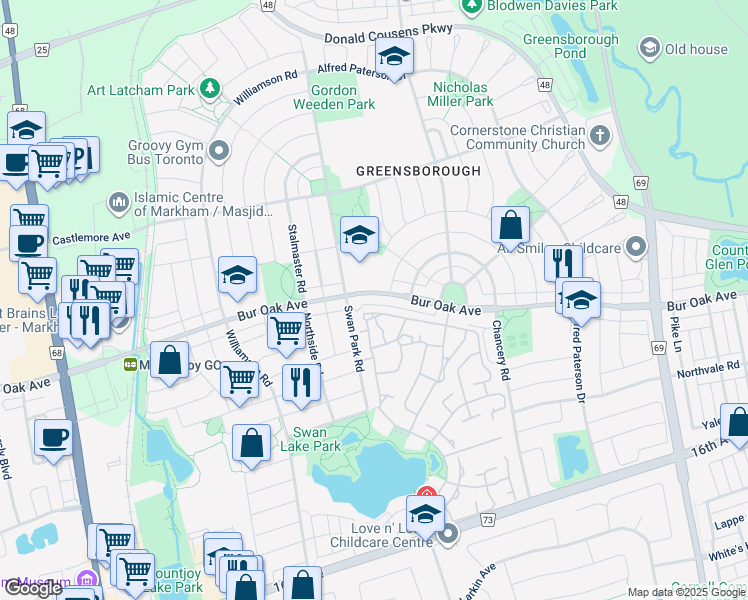 map of restaurants, bars, coffee shops, grocery stores, and more near 2099 Bur Oak Avenue in Markham