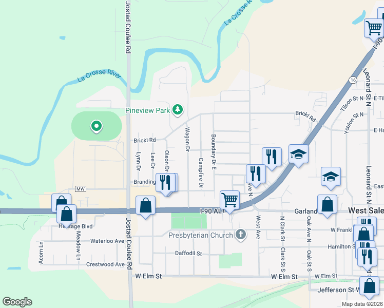 map of restaurants, bars, coffee shops, grocery stores, and more near 480 Wagon Drive in West Salem