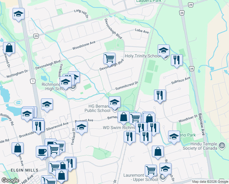map of restaurants, bars, coffee shops, grocery stores, and more near 43 Summitcrest Drive in Richmond Hill