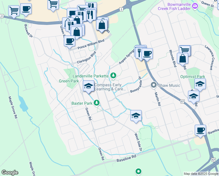 map of restaurants, bars, coffee shops, grocery stores, and more near 131 West Side Drive in Bowmanville