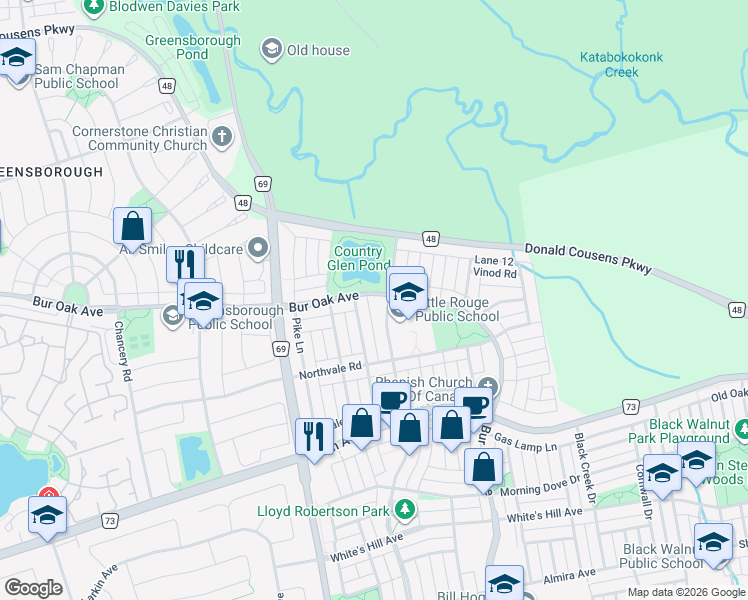 map of restaurants, bars, coffee shops, grocery stores, and more near 592 Country Glen Road in Markham