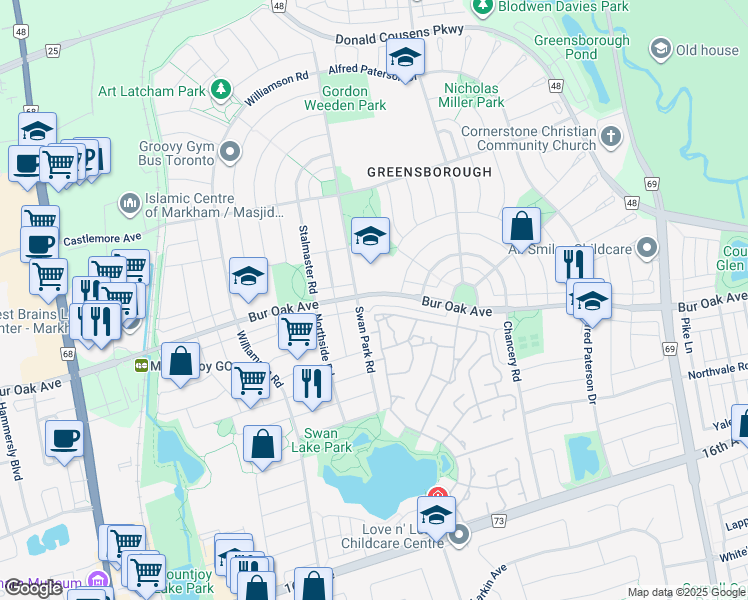 map of restaurants, bars, coffee shops, grocery stores, and more near 2091 Bur Oak Avenue in Markham