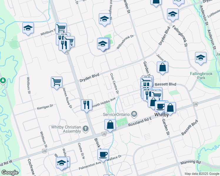 map of restaurants, bars, coffee shops, grocery stores, and more near 49 Petra Way in Whitby
