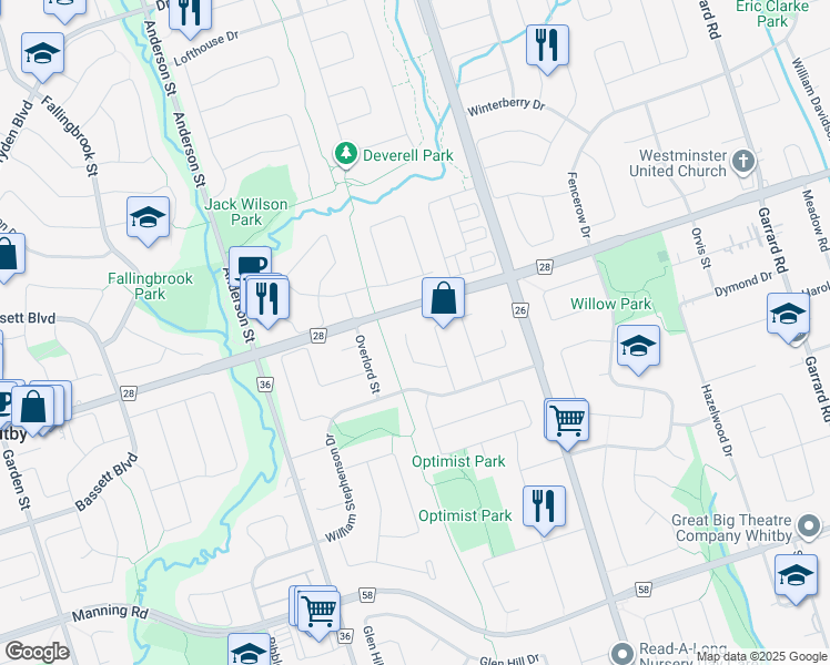 map of restaurants, bars, coffee shops, grocery stores, and more near 30 Kenyon Court in Whitby