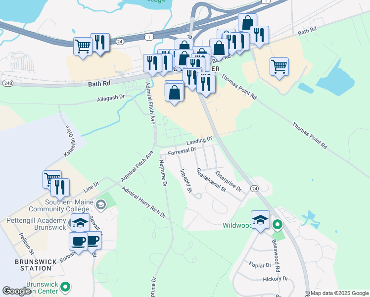 map of restaurants, bars, coffee shops, grocery stores, and more near 19 Forrestal Drive in Brunswick