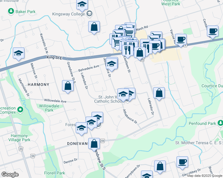 map of restaurants, bars, coffee shops, grocery stores, and more near in Oshawa