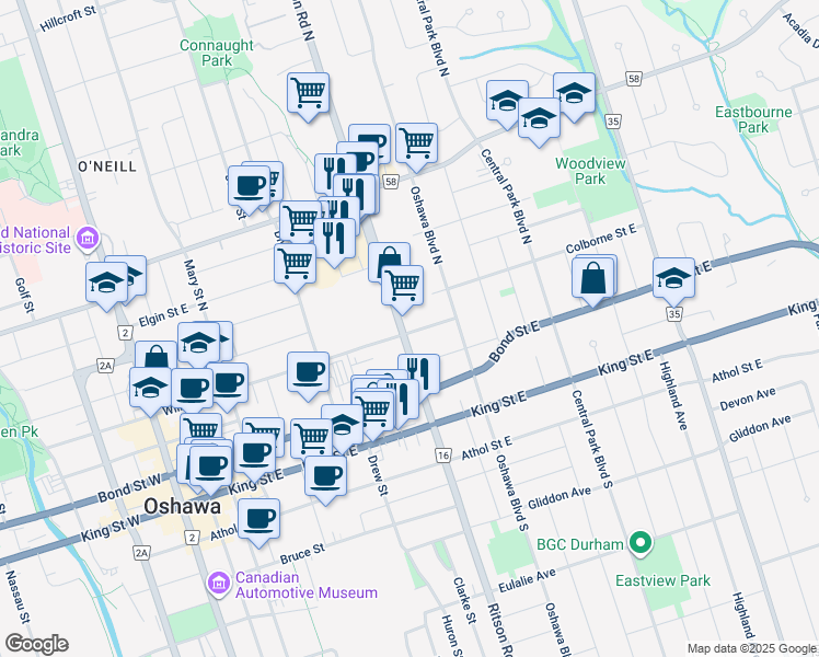 map of restaurants, bars, coffee shops, grocery stores, and more near 79 Durham Regional Road 16 in Oshawa