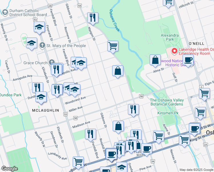 map of restaurants, bars, coffee shops, grocery stores, and more near in Oshawa