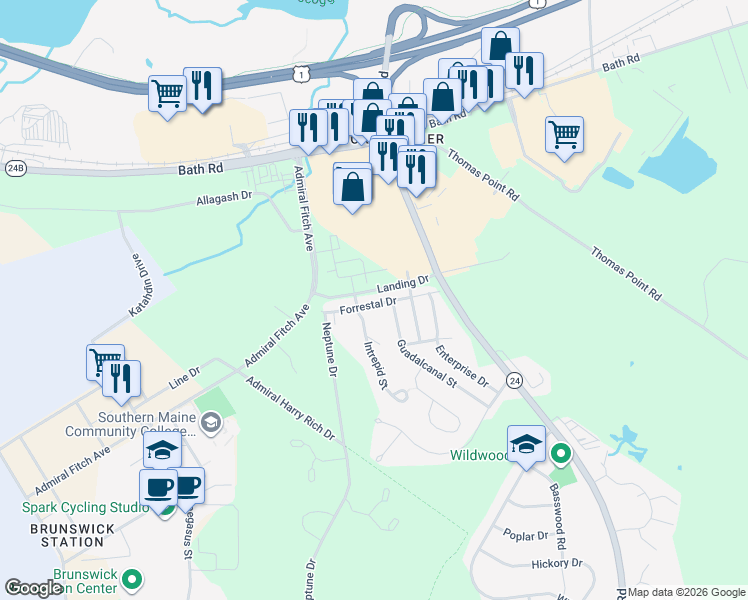 map of restaurants, bars, coffee shops, grocery stores, and more near 19 Forrestal Drive in Brunswick