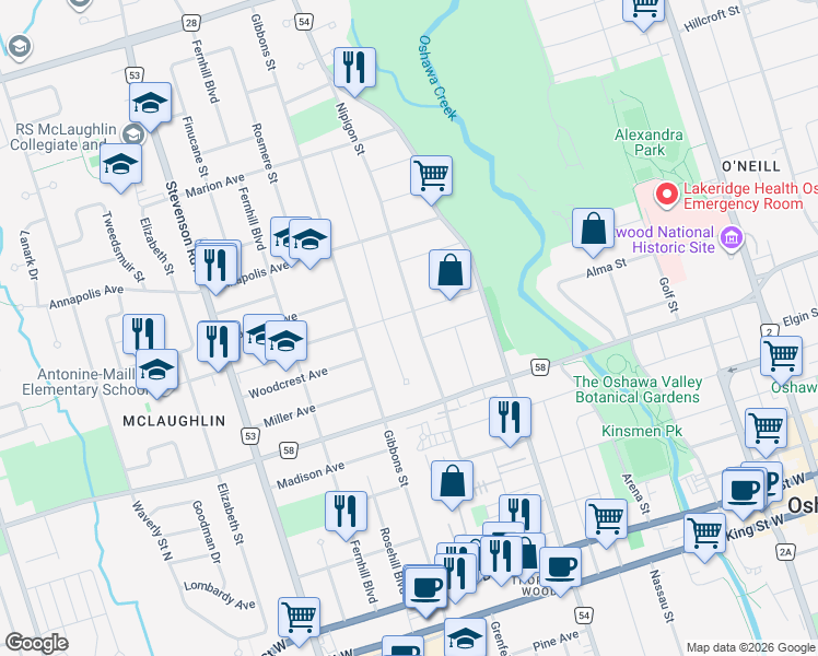 map of restaurants, bars, coffee shops, grocery stores, and more near in Oshawa