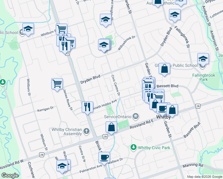 map of restaurants, bars, coffee shops, grocery stores, and more near 51 Petra Way in Whitby