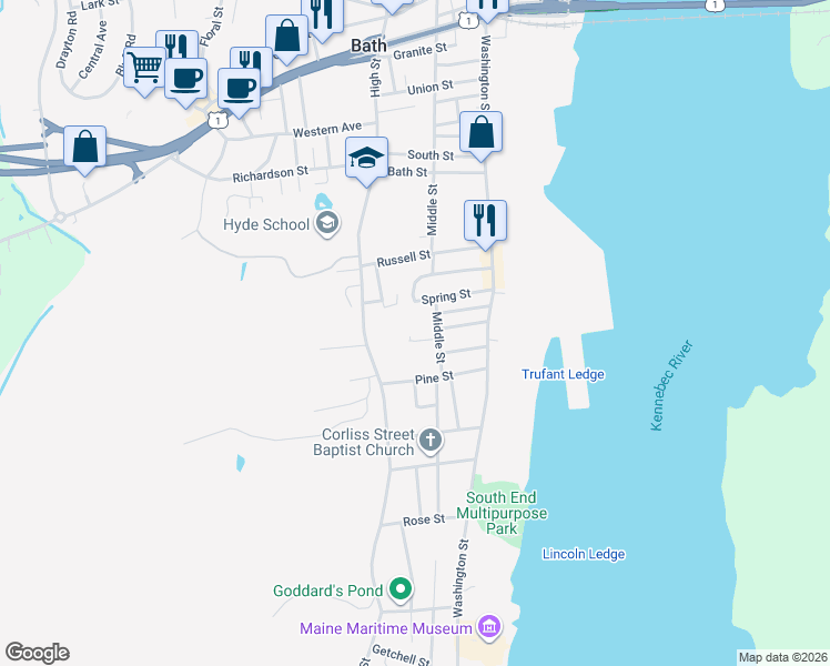 map of restaurants, bars, coffee shops, grocery stores, and more near 12 Libby Court in Bath