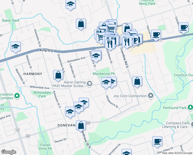 map of restaurants, bars, coffee shops, grocery stores, and more near 126 Athabasca Street in Oshawa