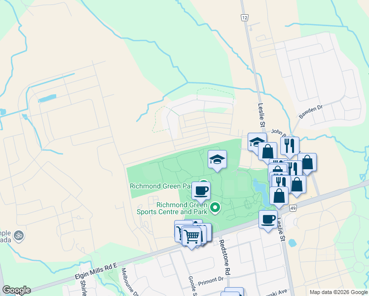 map of restaurants, bars, coffee shops, grocery stores, and more near 99 McAlister Avenue in Richmond Hill