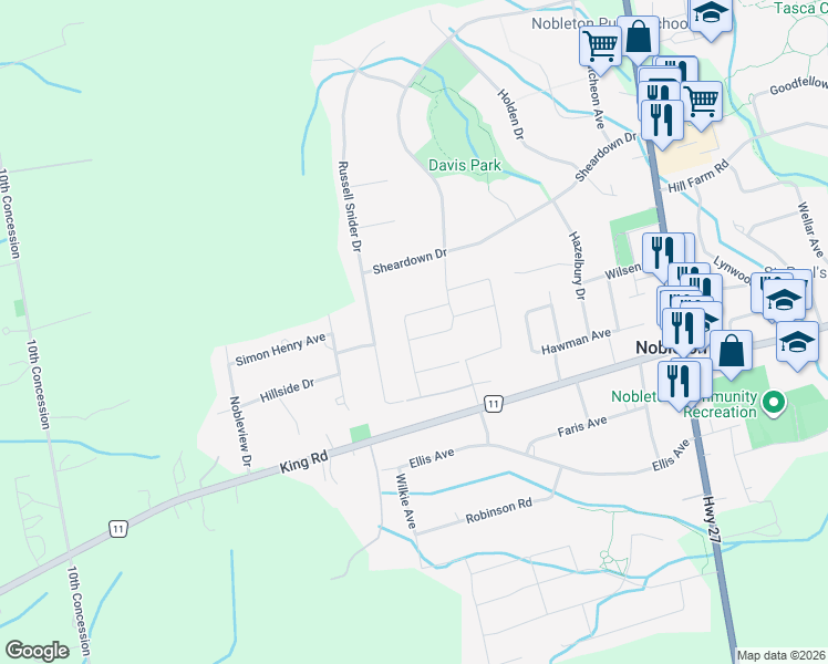 map of restaurants, bars, coffee shops, grocery stores, and more near 94 Crawford Drive in Nobleton