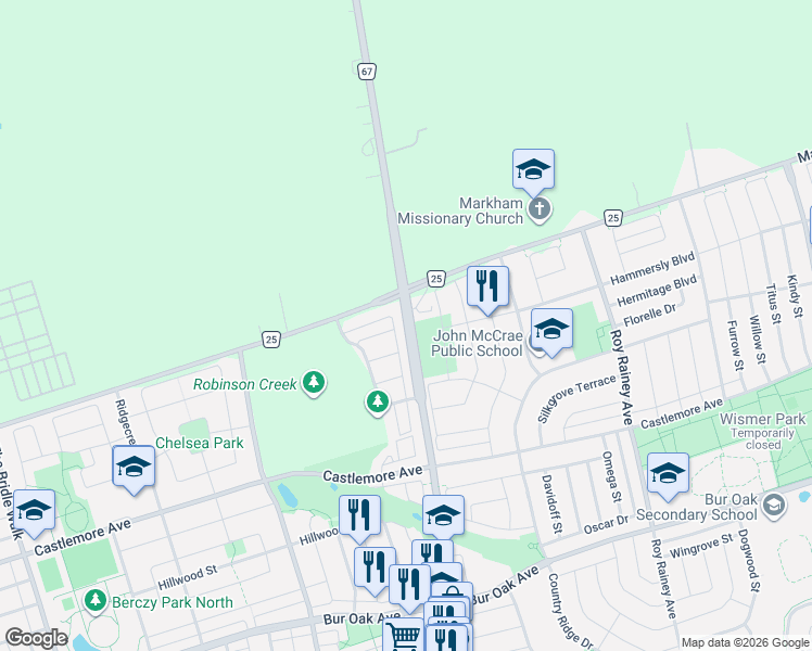 map of restaurants, bars, coffee shops, grocery stores, and more near 10000 McCowan Road in Markham