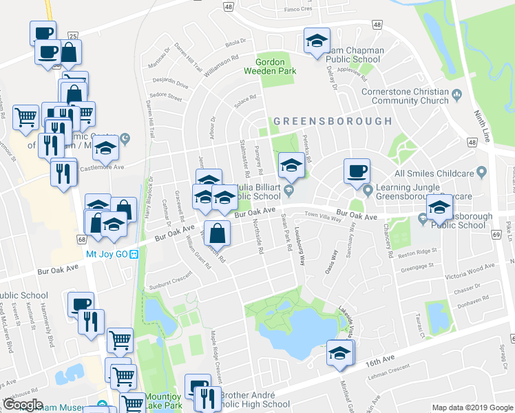 map of restaurants, bars, coffee shops, grocery stores, and more near 2030 Bur Oak Avenue in Markham