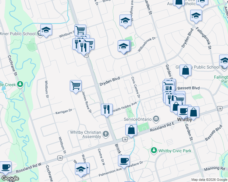 map of restaurants, bars, coffee shops, grocery stores, and more near 11 Robideau Place in Whitby