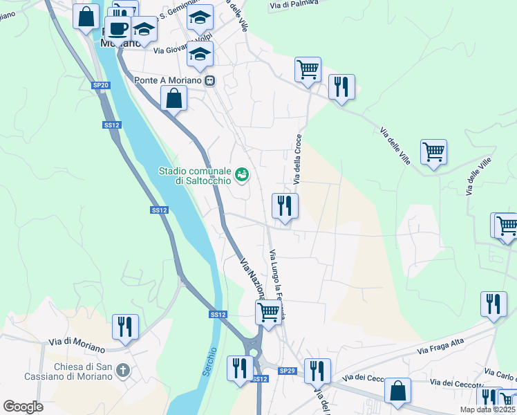 map of restaurants, bars, coffee shops, grocery stores, and more near 171 Via della Chiesa di Saltocchio in Lucca