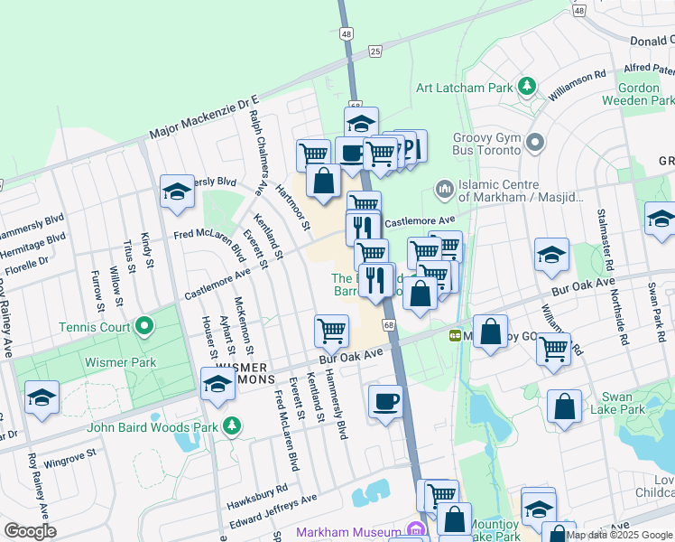 map of restaurants, bars, coffee shops, grocery stores, and more near 1201 Castlemore Avenue in Markham