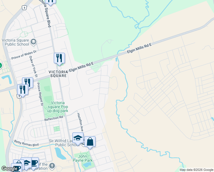 map of restaurants, bars, coffee shops, grocery stores, and more near 38 Navitas Crescent in Markham