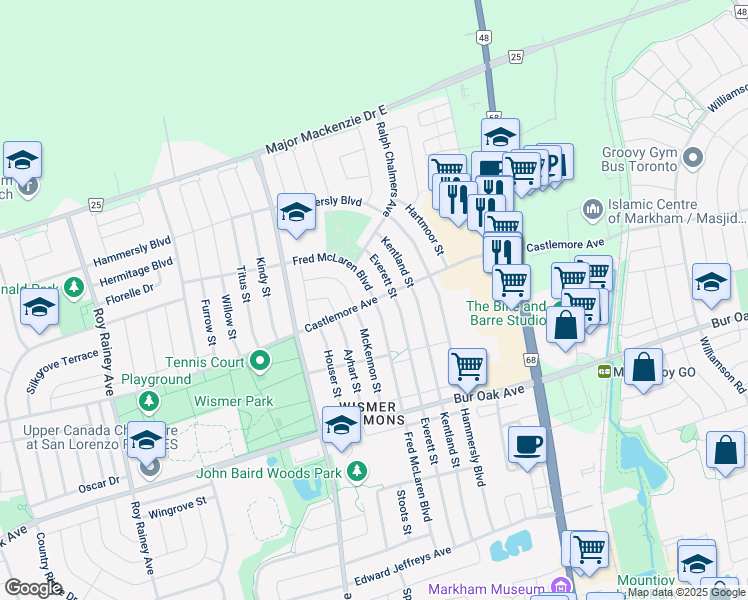 map of restaurants, bars, coffee shops, grocery stores, and more near Castlemore Ave & Fred McLaren Blvd in Markham