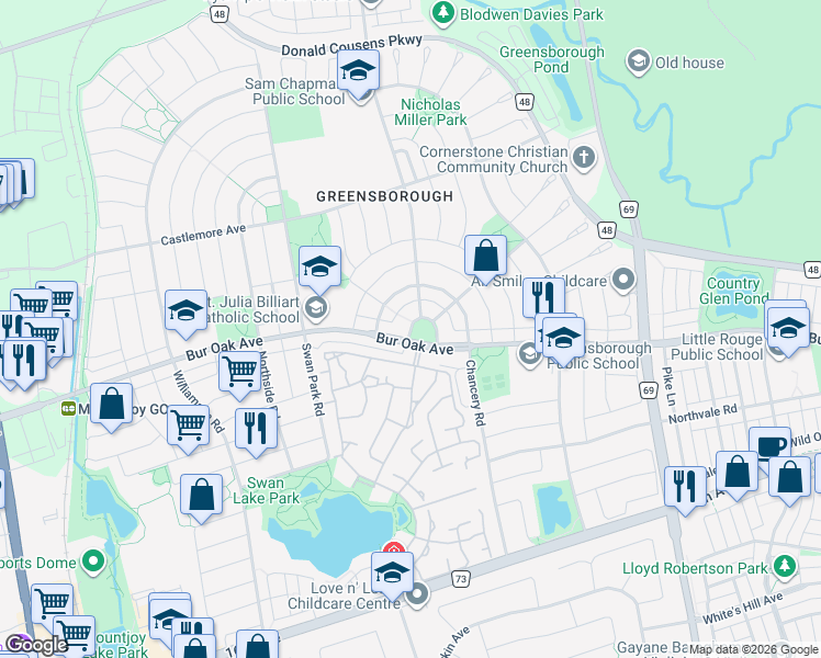 map of restaurants, bars, coffee shops, grocery stores, and more near Greensborough Village Circle in Markham